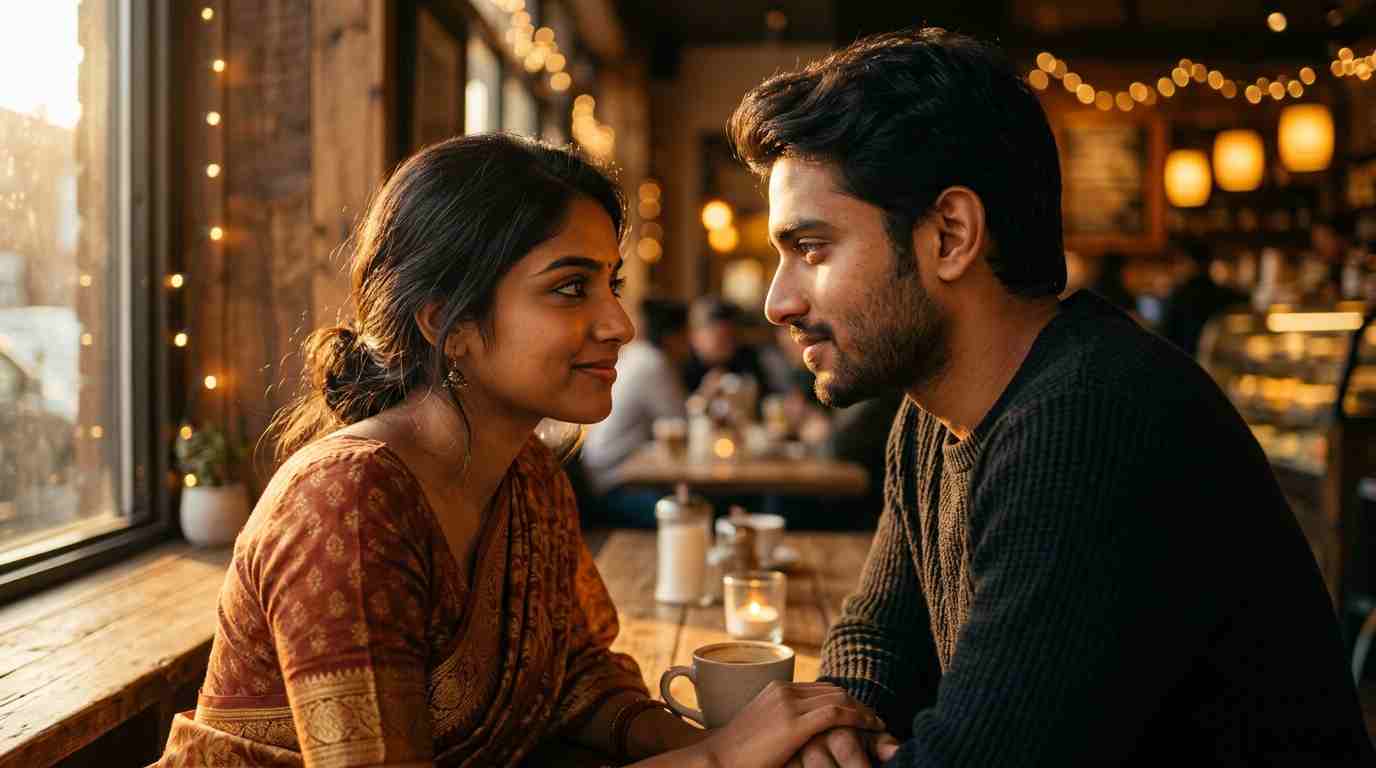 காதலில் கண் தொடர்பின் முக்கியத்துவத்தை விளக்கும் வகையில் ஒரு ஜோடி அன்போடு பார்த்துக் கொள்ளும் காட்சி - Eye contact meaning in love Tamil.