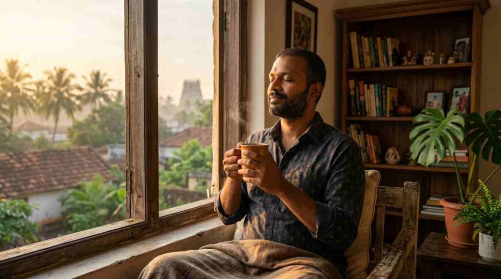 A calm home office setup with a Tamil journal and tea, representing a stress-free digital creator's lifestyle in Tamil Nadu.