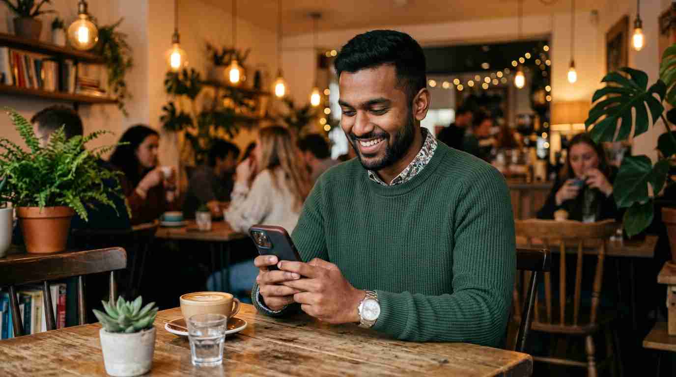 how to impress a girl with chatting in tamil : இளையவர் ஒருவர் செல்போனில் மகிழ்ச்சியாக சேட்டிங் செய்யும் காட்சி.