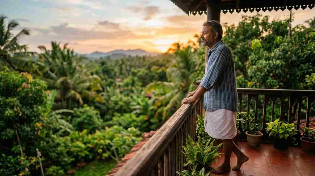 A peaceful South Indian man practicing mindfulness on a balcony to reduce anxiety naturally - how to control anxiety in tamil.