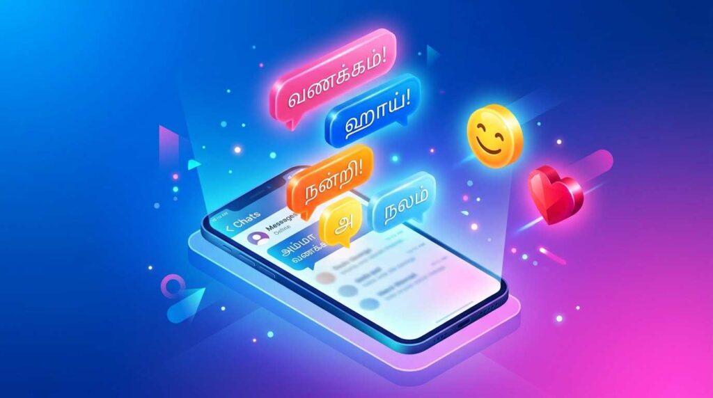தமிழில் சேட்டிங் செய்வதைக் குறிக்கும் 3D மொபைல் மற்றும் சாட் பாக்ஸ்