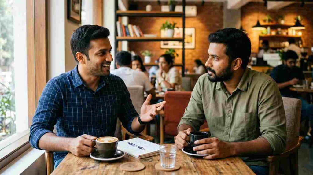 ஒரு நண்பன் மற்றொரு நண்பனுக்குப் பெண்களின் மனதைப் புரிந்துகொள்ளும் ஆலோசனைகளை வழங்கும் காட்சி