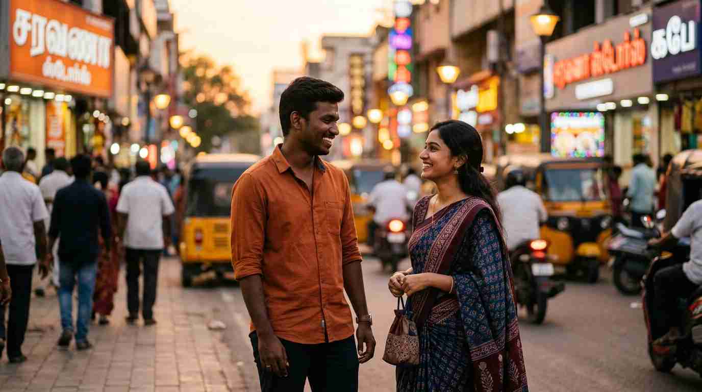 காதலை ஈர்க்கும் எளிய வழிகள் - ஒரு ஆணும் பெண்ணும் மகிழ்ச்சியாக உரையாடும் காட்சி.